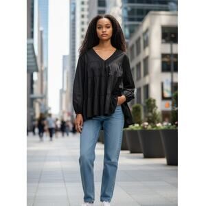 Merlette Sidonia Blouse Medium Black Tiered Cotton V Neck Boho Peasant Top